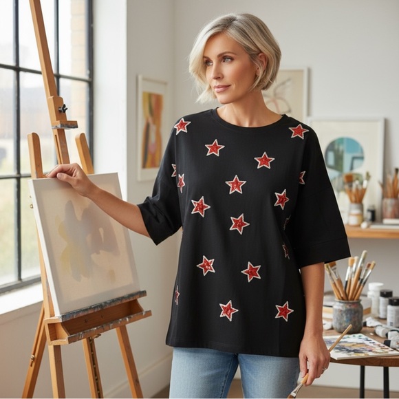 PEACH LOVE CALIFORNIA Sequin star black tunic tee S M L - Picture 1 of 8